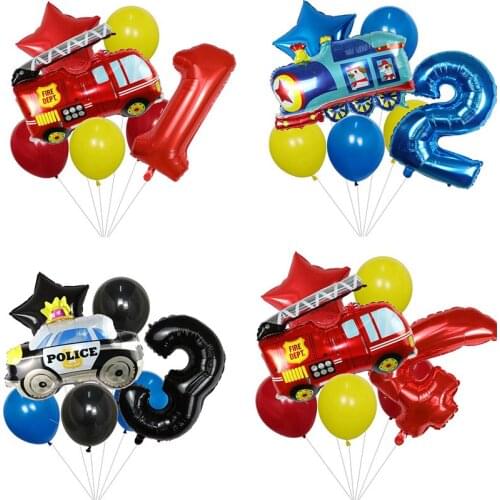 7pcs Car foil Balloons Engineering car Fire truck Balloon 1 2 3 4 5st Happy Birthday Party decorations Kids Number star globos