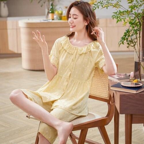 Summer Heart Print Pajamas Set Women Cotton Pyjamas Short Sleeve Round Collar Cardigan Tops With Calf Pants Ladies Pijamas Mujer