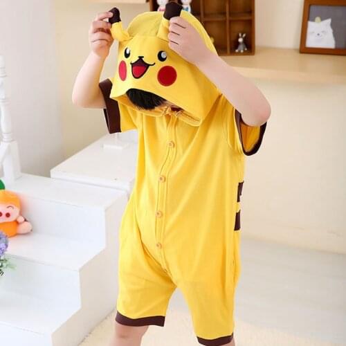 Summer Kids Onesie Hooded Pajamas Children Sleepwear Boys Girls Yellow Smile Animal Anime Pyjama Pijama Cotton Nightwear Clothes