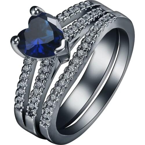 Love zircon ring sets for lady AAA+ white blue red CZ zircon Wedding Gift Luxury HEART Black Gold color Engagement jewelry