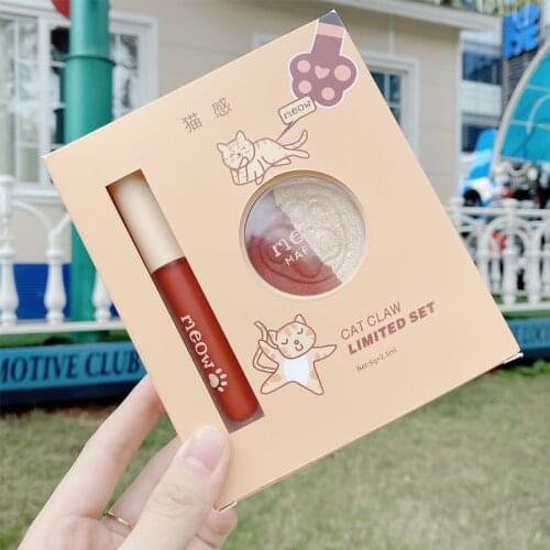 2Pcs Beauty Cute Cosmetics Set Radish Color Lip Enamel 2 in 1 High Gloss Blush Makeup Kit for Students Girls