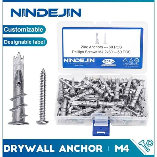 NINDEJIN 120pcs/set Screws Zinc Alloy Self Drilling Board Drywall Hollow-wall Anchors M4.2 Tapping Screw Kit With Storage Box