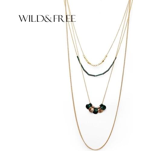 2017 Women Gold Multi layer Long Chain Necklace & Pendant Vintage Alloy Gold Patina Tube Bead Pendant Collar Necklace Jewelry