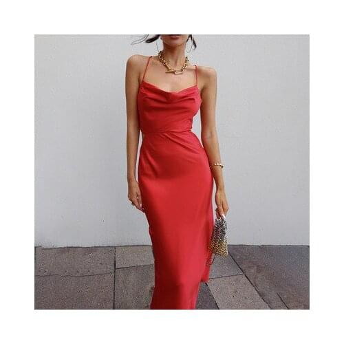 Sexy Satin Midi Dresses for Women Elegant Ruched Party Evening Bodycon Slip Long Dress 2021 Summer Spaghetti Strap Club Outfits