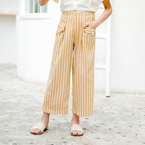 Baby Girls Striped Casual Pants Spring Cotton Linen Childrens Trousers Fashion Pocket Button Design 2020 New Wide-leg Pants