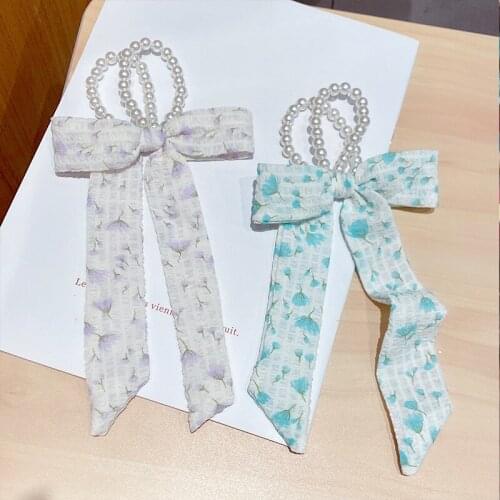 Pearls Bow Fresh Floral Fabric Hair Ropes for Women Fashion Printed Ribbon Hair Tie Scrunchies Korean Simple Girls Accessories