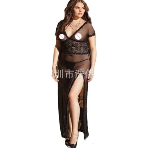 Sexy Lingerie Lace Deep V Diaphanous Nightdress Open Cortch Long Dress Short Sleeves Temptation G-string Embroidery Nightie QQ16