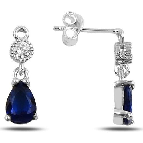 Rams Silver Diamond Montürlü Sapphire Drop Stone Earrings