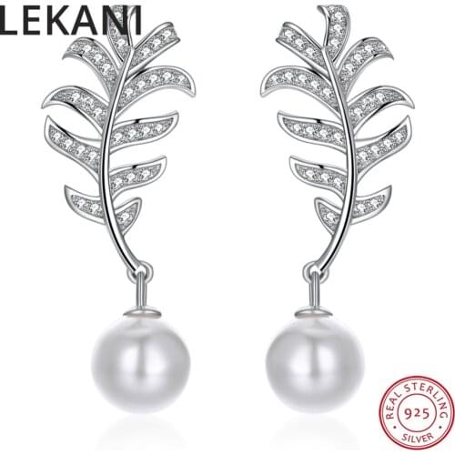 LEKANI New Leaf Stud Earrings Pearls Hanging Real S925 Silver Brand Fine Jewelry For Women Christmas Crystals From Swarovski