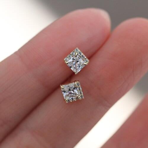 Cute Female Crystal Small Square Earrings Real 925 Sterling Silver Gold Stud Earrings For Women Minimalist Wedding Earrings