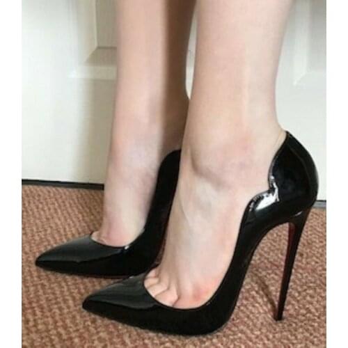 Black Patent Leather Pointed Toe High Heel Shoes Ladies Thin Heels Side Cut Dress Shoes Woman Slip On Stiletto Heels