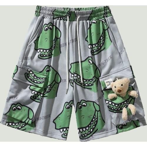 Street Fashion Mens Dinosaur Printed Bear Doll Multi-pocket Cargo Pants Summer Harajuku Loose Straight Casual Sport Shorts Mens