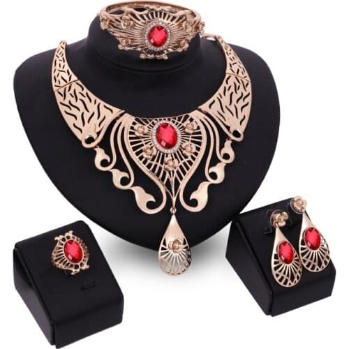 High-end Jewelry Set Gold Filled Womens Ruby Necklace Earring Bracelet Ring Party Family Of Four
