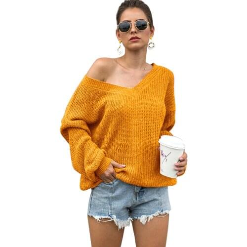 Women fashion loose casual sweaters ladies solid v-neck sexy knitted pullovers street wear female autumn clothes solid color