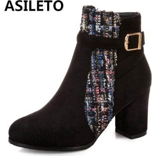 ASILETO Womens winter high boots Ankle boots Flock Buckle Patchwork Female mujer Boat for woman Round toe Color texture S2402