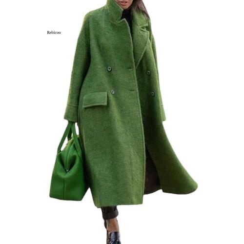 Autumn Winter Elegant Office Lady Wool Blends Turn-Down Collar Double Breasted Long Cardigan Long Sleeve Warm Women Outwear