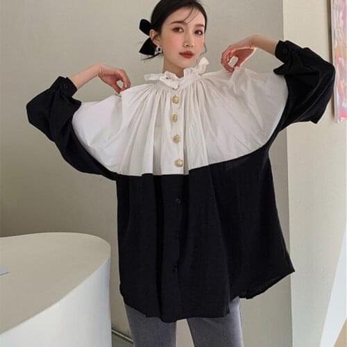 Womens Lantern Sleeve Korean Long Sleeve Spring 2021 New Stand Collar Loose Contrasting Color Single-breasted Top