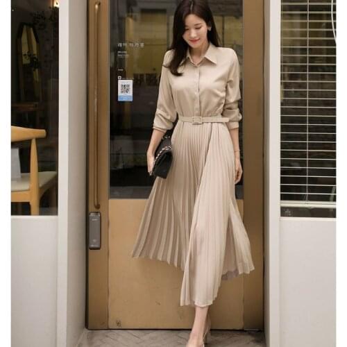 Women 2021 Spring Autumn Elegant A-Line Midi Dress Female Solid Turn Down Collar Shirt Dresses New Office Lady Work Vestido Y212