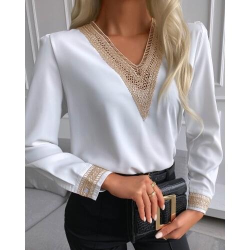 2021 Women Fashion Elegant V Neck Lace Trim Long Sleeve Top V-Neck Casual Spring Autumn Patchwork