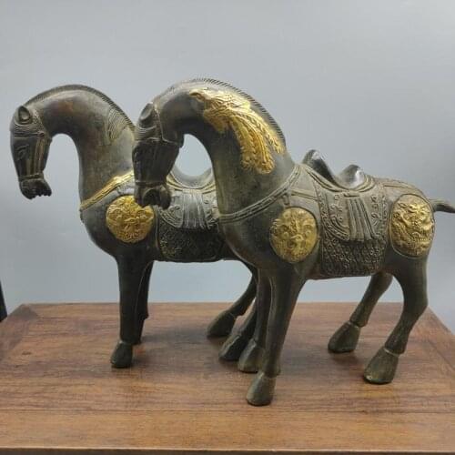 21CM Crafts Arts Folk Chinese Gilding Copper Wealth Bronze carving Dragon Phoenix Tang Horse Statue Pair 2555G