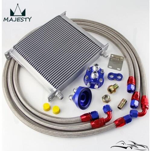 34 Row 248mm AN10 Universal Engine Transmission Oil Cooler British Type + Filter Adapter Kit Blue/Black