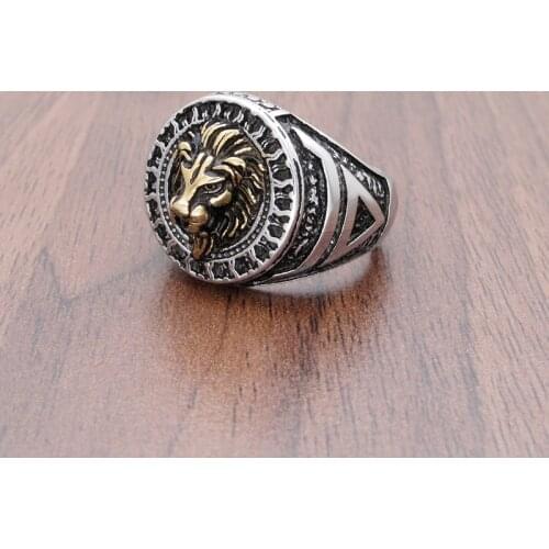 Free Shipping 316L Stainless Steel Nordic Sun Veles Golden Lion Head Ring Viking Rune Talisman Slavic Christmas Gift For Men