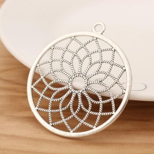 5 Pieces Tibetan Silver Large Dream Catcher Flower Round Charms Pendants 2 Sided for Necklace Jewellery Making Findings 49x49mm