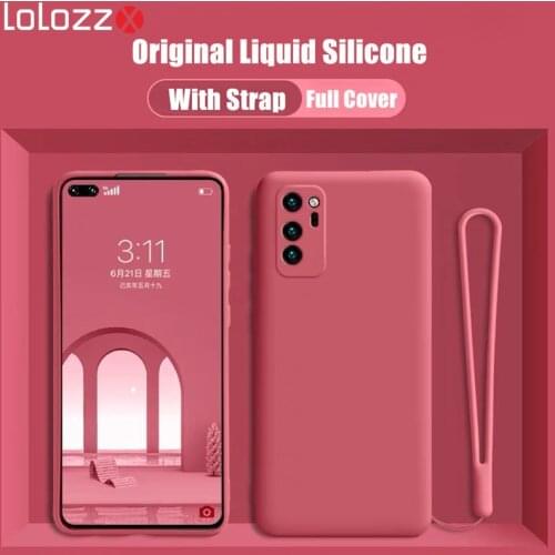 Liquid Silicone Sofft Phone Case For Huawei P40 Lite E 5G Mate 40 RS 30 20 X 10 9 P50 P20 P30 Pro Shockproof Cover+Hand Strap