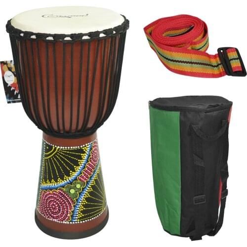 Camwood 8/10/12 Inch Wooden African Drum Djembe Percussion Musical Instrument Mahogany Materia with Colorful Patterns