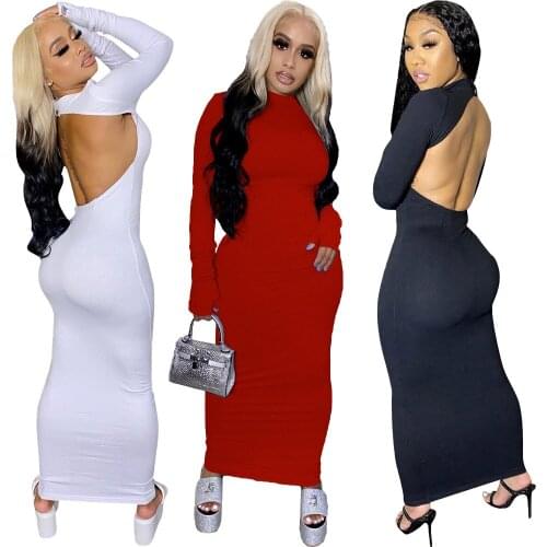 FNOCE autumn winter womens dresses fashion nightclub solid o-neck long sleeve Sexy Backless bag hip elegant Ankle-Length Dress