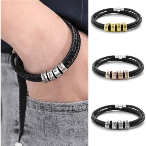 Custom Name Personalized Men Women Bracelet Stainless Steel Bead Leather Bracelets on hand Family Custom Jewelry Gifts Wristband