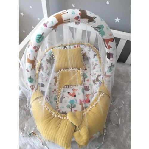 Jaju Baby Handmade, Yellow Knitted Pique Fabric and Forest Muslin Fabric Pompom Babynest and Quilt Toy Apparatus and Tulle Set