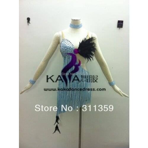 KAKA-L130411,Women Ostrich feather Fringe Latin Dance Wear,Girls Salsa Tango Samba Rumba Chacha Dress,Dance Dress