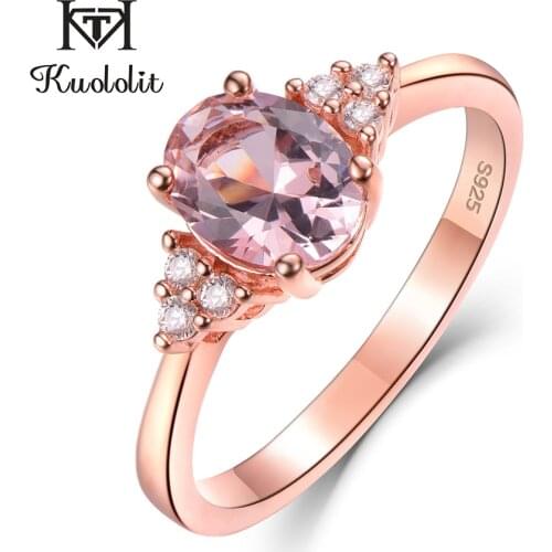Kuololit Pink Morganite Gemstone Rings for Women 925 Sterling Silver Rose color Oval Stone Rose Color Ring Wedding Band Jewelry