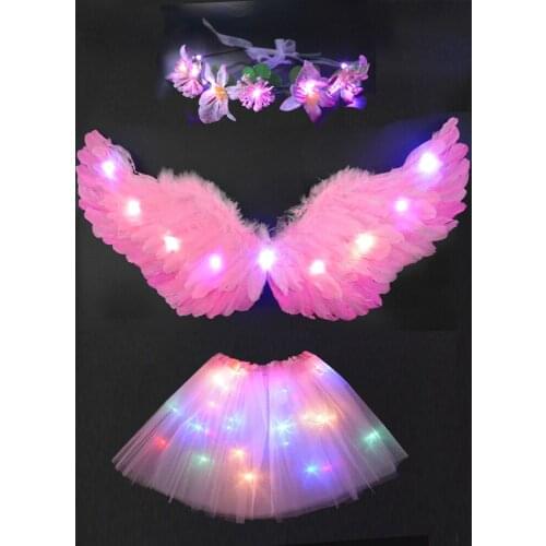Princess Girls Angel Costume Cosplay Set LED Luminous Light Up Tutu Skirt Hairband Feather Wing Wreath Party Fancy Dress Props