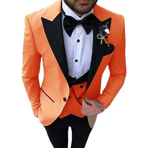 Custom Made Men Suits Orange and Black Groom Tuxedos Peak Lapel Groomsmen 3 Pieces ( Jacket + Pants + Vest + Bow Tie ) D273