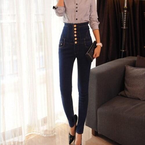 Hot Sale Winter Warm Fur Lining Elegant Ladies High Waist Bounce Slim Fit Denim Pants For Women Button Jeans Plus Size 6XL