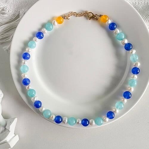 MOMIJI New Korea Sweet Freshwater Pearl Necklace for Women Healing Blue Natural Aquamarine Fashion Jewelry Wedding Party Gifts