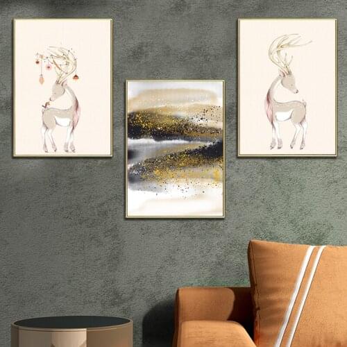 BALLEAY ART Wall Picture Canvas Paintings For Living Room Home Decor Gold Foil Deer Nordic Art Posters and Prints Oil painting