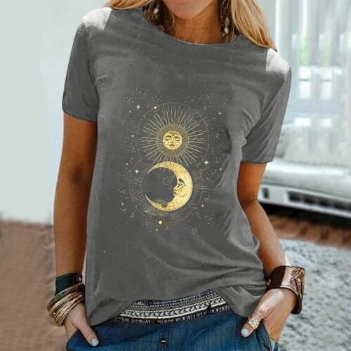 New Fashion Women Tee Shirt Sun Moon Star Printing T-Shirt Women O-Neck Summer Top Tee Short Sleeve T-Shirt Camisetas Mujer
