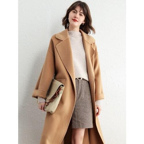 Autumn and winter new camel high-end double-sided cashmere coat womens 100% pure wool medium and long wool coat is popular