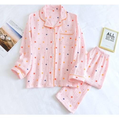 Four Seasons Pajamas for Women Pure Cotton Crepe Soft Long Sleeved Trousers Ladies Sleepwear Set Simple Comfy Loose Homewear Set