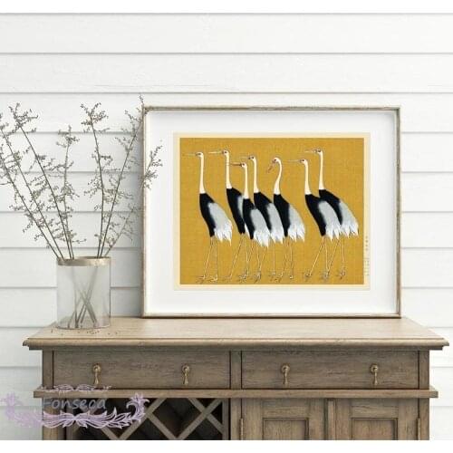 Yellow Birds Crane Print Poster Vintage Japanese Oriental Wall Art Canvas Painting Decorative Modular Picture for Bedroom