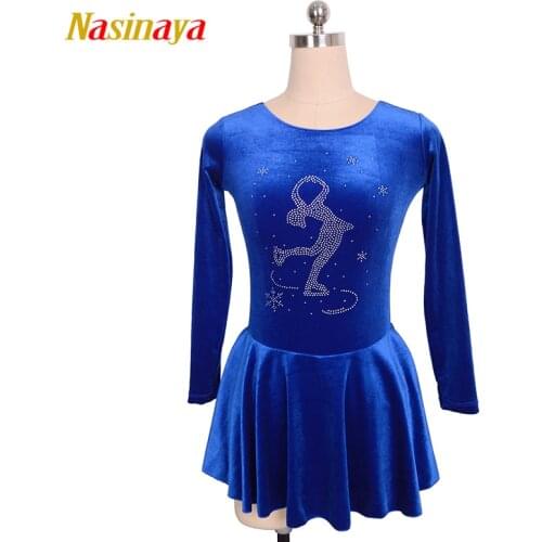 Figure Skating Dress Ice Skating Skirt for Girl Women Kids Costume Competition Velvet Sapphire blue skater stones 12 Colors