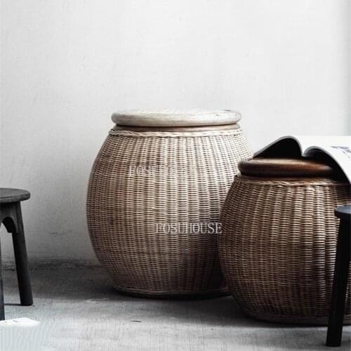 Simple Ottoman Modern Retro Rattan Round Stool Handmade Agate Balcony Art Storage Stools Home Living Room Designer Coffee Table