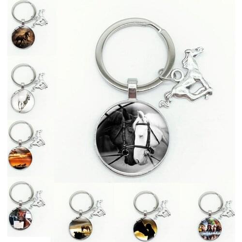 Simple Gothic Black And White Horse Couple Chain Art Photo Glass Cabochon Pendant Key Ring Animal Handmade Gift