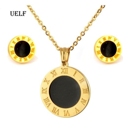 UELF Luxury Gold Roman Numeral Necklace Earring Set For Women Wedding Party 316L Stainless Steel Jewelry Set Gift