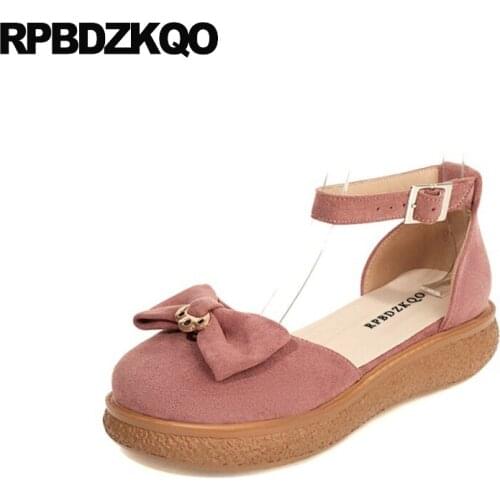 Bow Elevator Platform Large Size Women Pink Flats Summer Ankle Strap Muffin Creepers Sandals Suede Thick Sole Cheap Shoes China