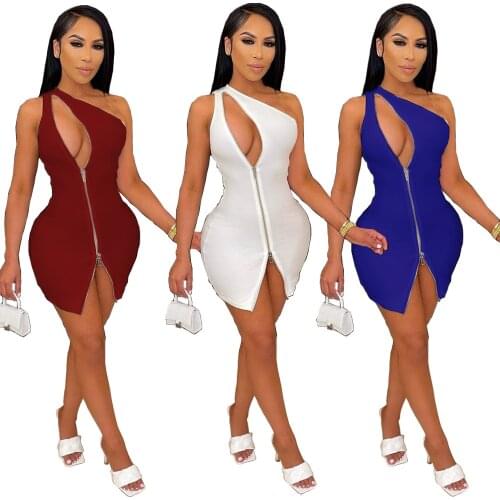 Sexy One Shoulder Mini Dress Cut out Zipper Short Dresses Club Party Wear Summer Sleeveless Sundresses 2021 Clothes Streetwear