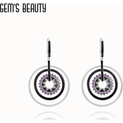 GEMS BEAUTY 925 Sterling Silver Sun Totem Stud Earrings For Women Round Enamel Amethyst Handmade Fashion Jewelry Stud Earrings